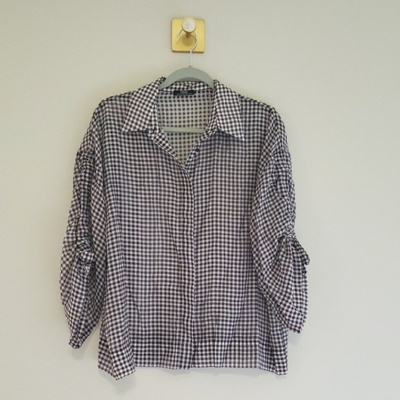 Parfois Collection Gingham Blouse Women Medium Button Up Semi-Sheer Navy Blue - Picture 1 of 9
